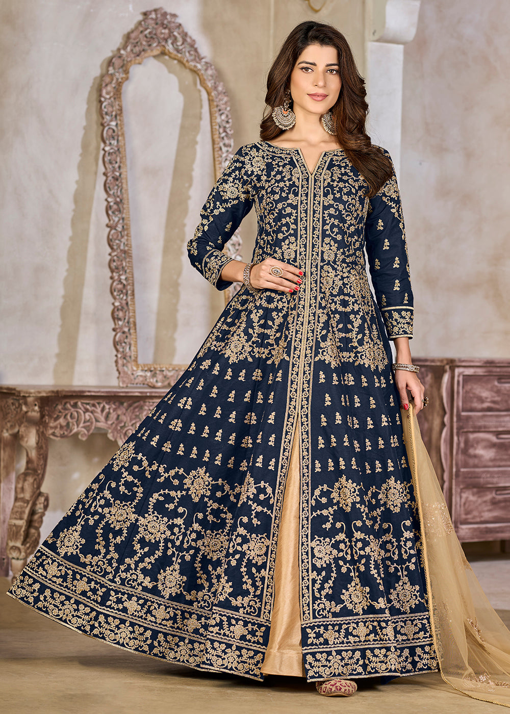 Buy Now Blue Art Silk Lehenga Slit Style Festive Anarkali Suit Online in UK, Germany, France, Italy, Canada, Australia, UAE, Maldives & Worldwide at Empress.