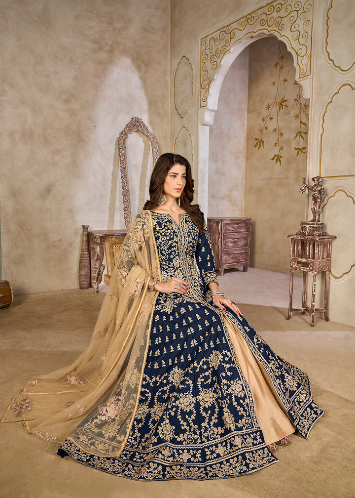 Buy Now Blue Art Silk Lehenga Slit Style Festive Anarkali Suit Online in UK, Germany, France, Italy, Canada, Australia, UAE, Maldives & Worldwide at Empress.