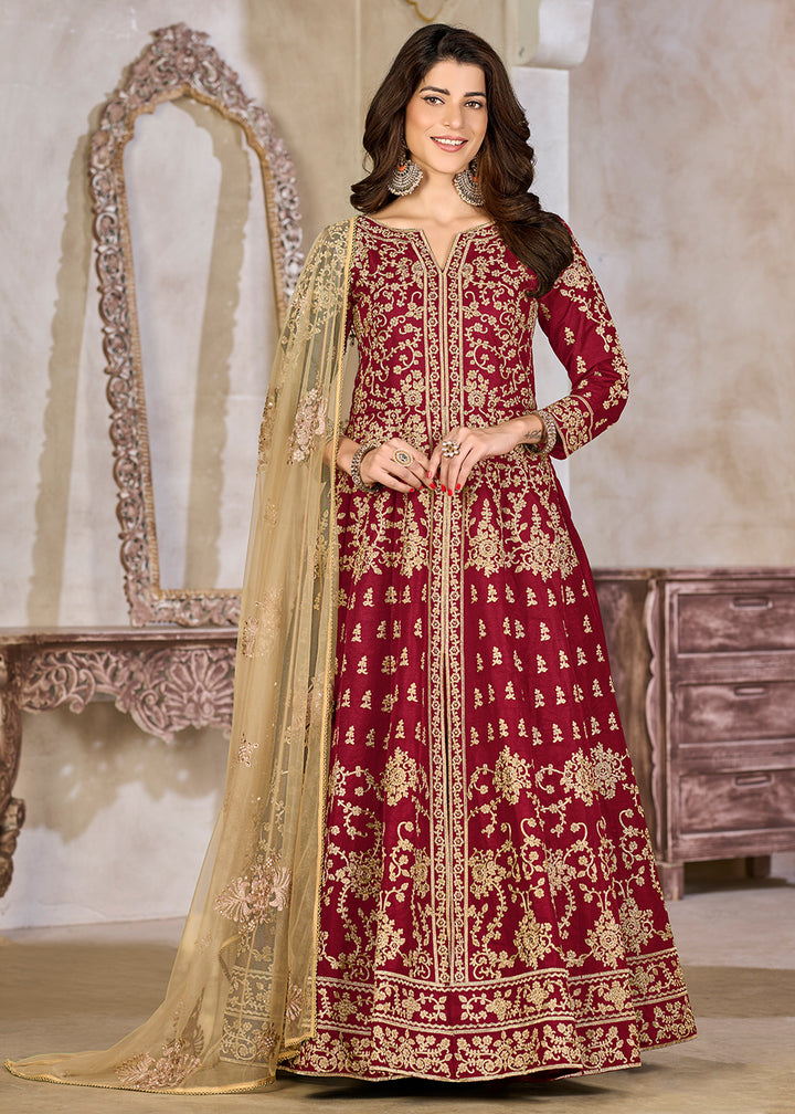 Buy Now Maroon Art Silk Lehenga Slit Style Festive Anarkali Suit Online in UK, Germany, France, Italy, Canada, Australia, UAE, Maldives & Worldwide at Empress.