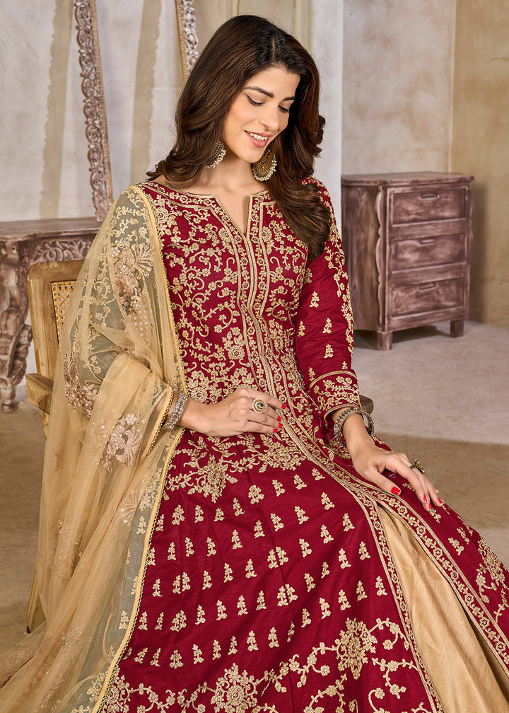 Buy Now Maroon Art Silk Lehenga Slit Style Festive Anarkali Suit Online in UK, Germany, France, Italy, Canada, Australia, UAE, Maldives & Worldwide at Empress.