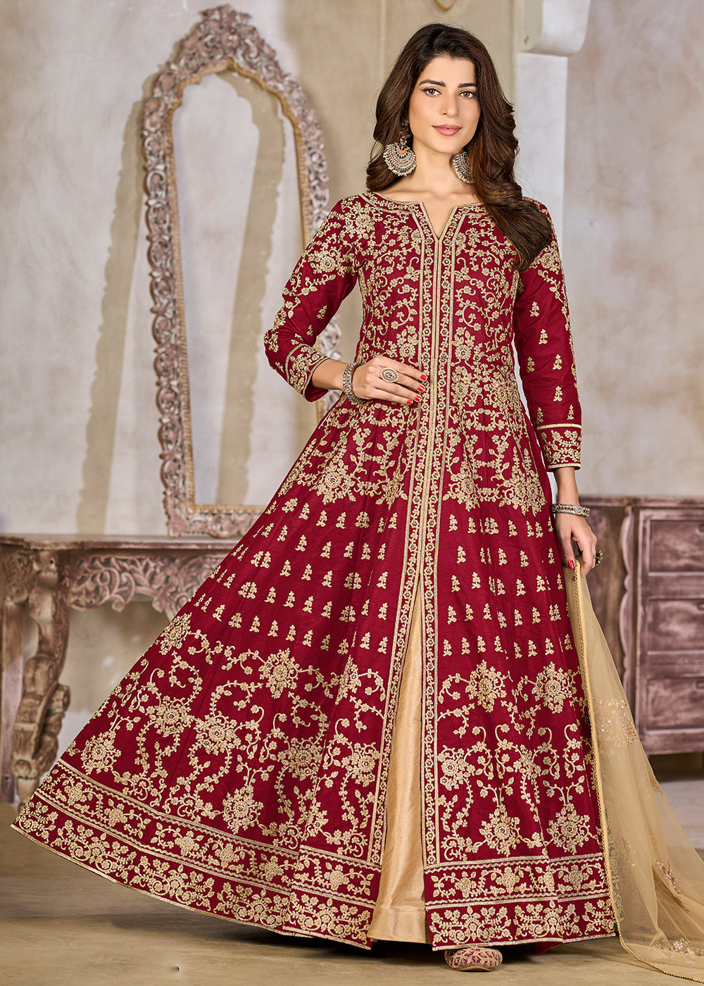Buy Now Maroon Art Silk Lehenga Slit Style Festive Anarkali Suit Online in UK, Germany, France, Italy, Canada, Australia, UAE, Maldives & Worldwide at Empress.