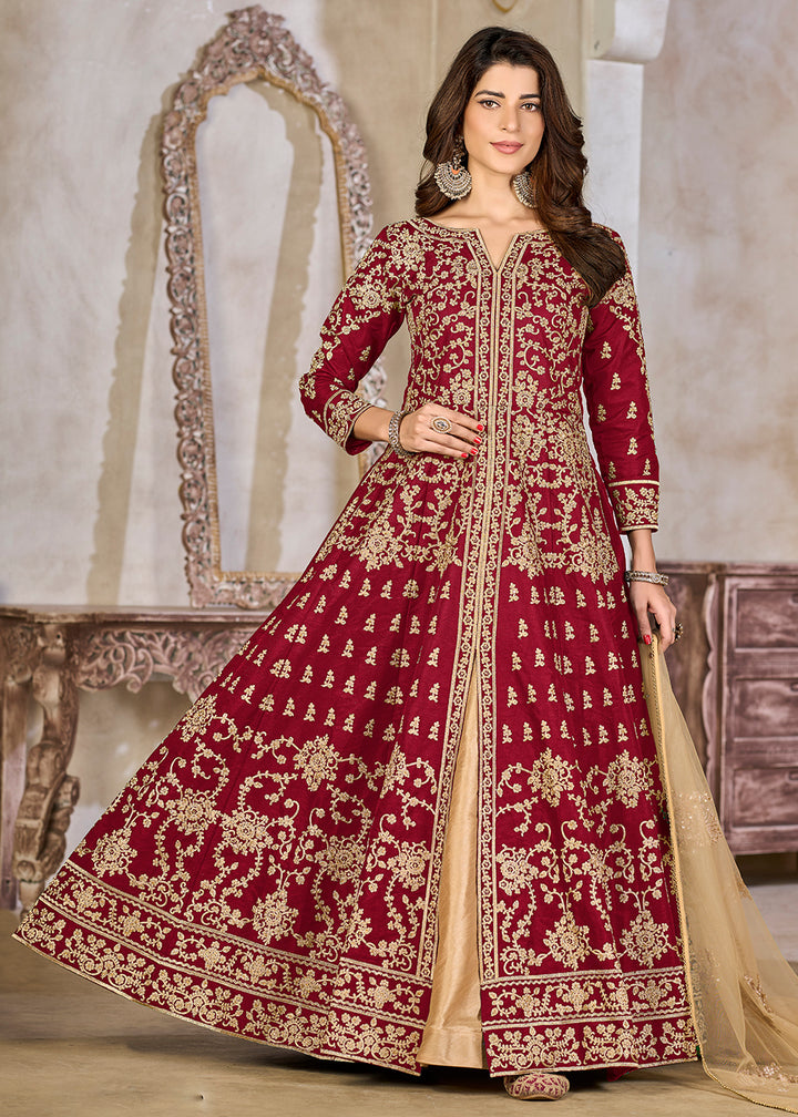 Buy Now Maroon Art Silk Lehenga Slit Style Festive Anarkali Suit Online in UK, Germany, France, Italy, Canada, Australia, UAE, Maldives & Worldwide at Empress.