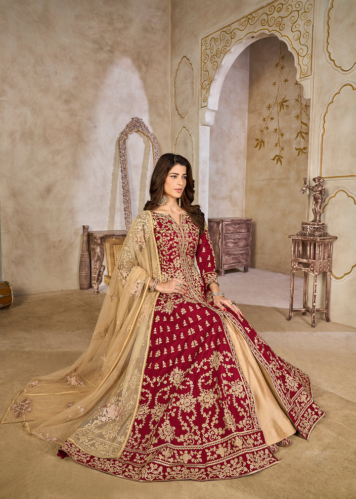 Buy Now Maroon Art Silk Lehenga Slit Style Festive Anarkali Suit Online in UK, Germany, France, Italy, Canada, Australia, UAE, Maldives & Worldwide at Empress.