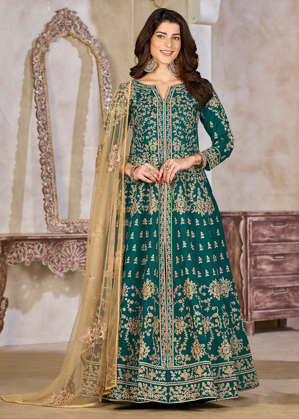 Buy Now Green Art Silk Lehenga Slit Style Festive Anarkali Suit Online in UK, Germany, France, Italy, Canada, Australia, UAE, Maldives & Worldwide at Empress.