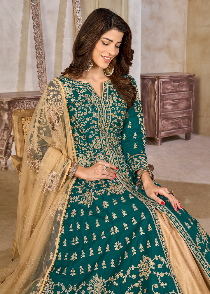Buy Now Green Art Silk Lehenga Slit Style Festive Anarkali Suit Online in UK, Germany, France, Italy, Canada, Australia, UAE, Maldives & Worldwide at Empress.