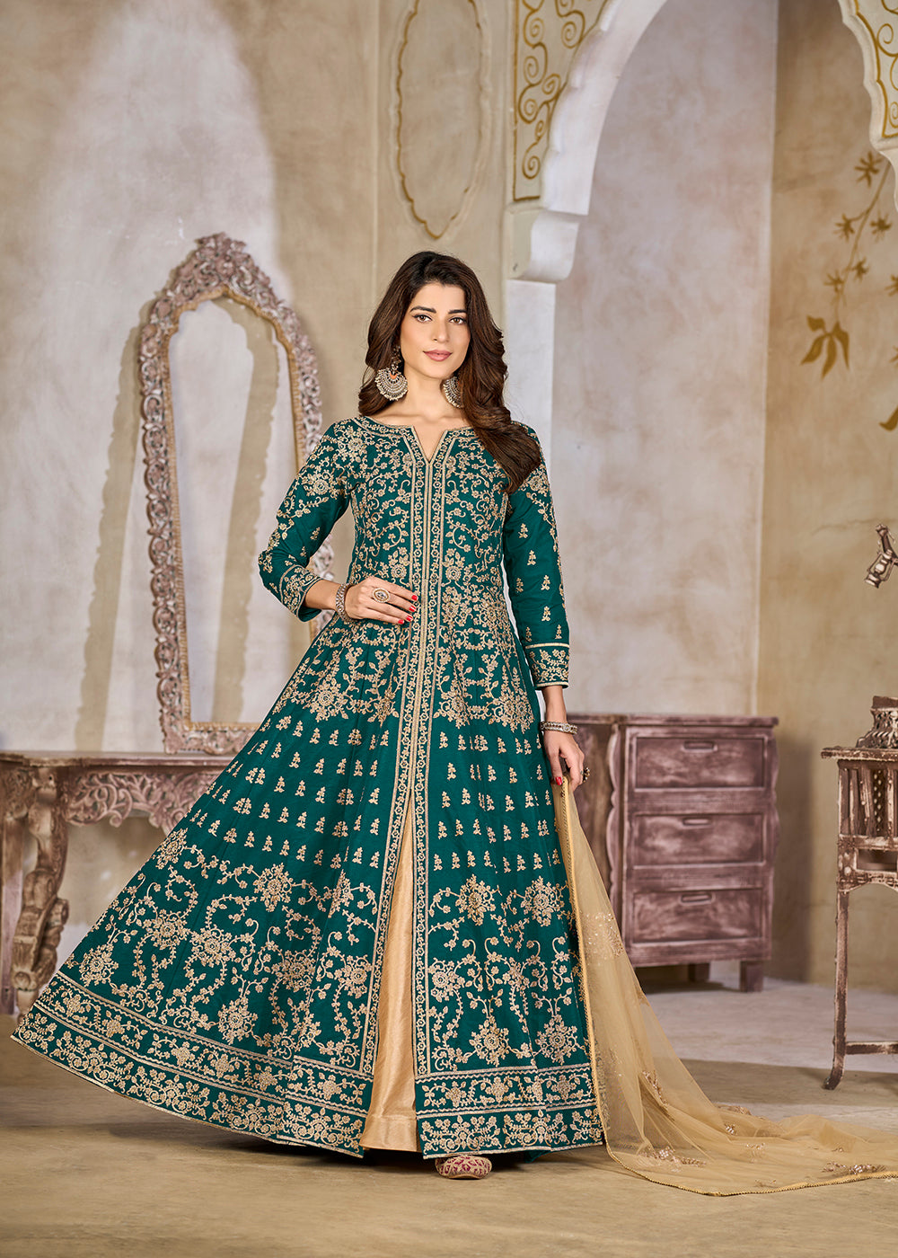 Buy Now Green Art Silk Lehenga Slit Style Festive Anarkali Suit Online in UK, Germany, France, Italy, Canada, Australia, UAE, Maldives & Worldwide at Empress.