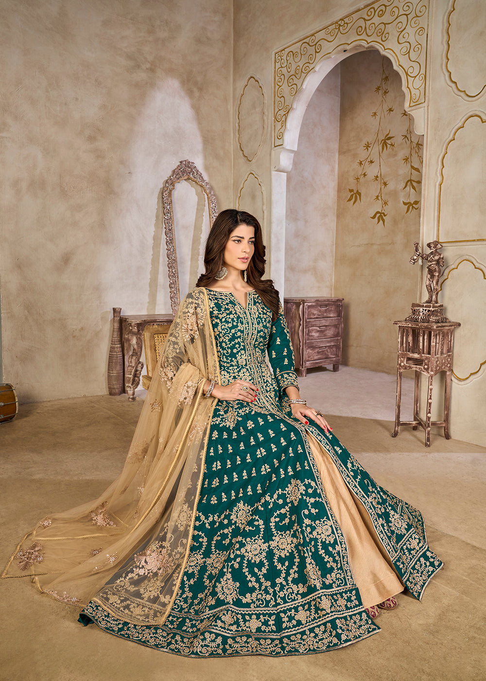 Buy Now Green Art Silk Lehenga Slit Style Festive Anarkali Suit Online in UK, Germany, France, Italy, Canada, Australia, UAE, Maldives & Worldwide at Empress.