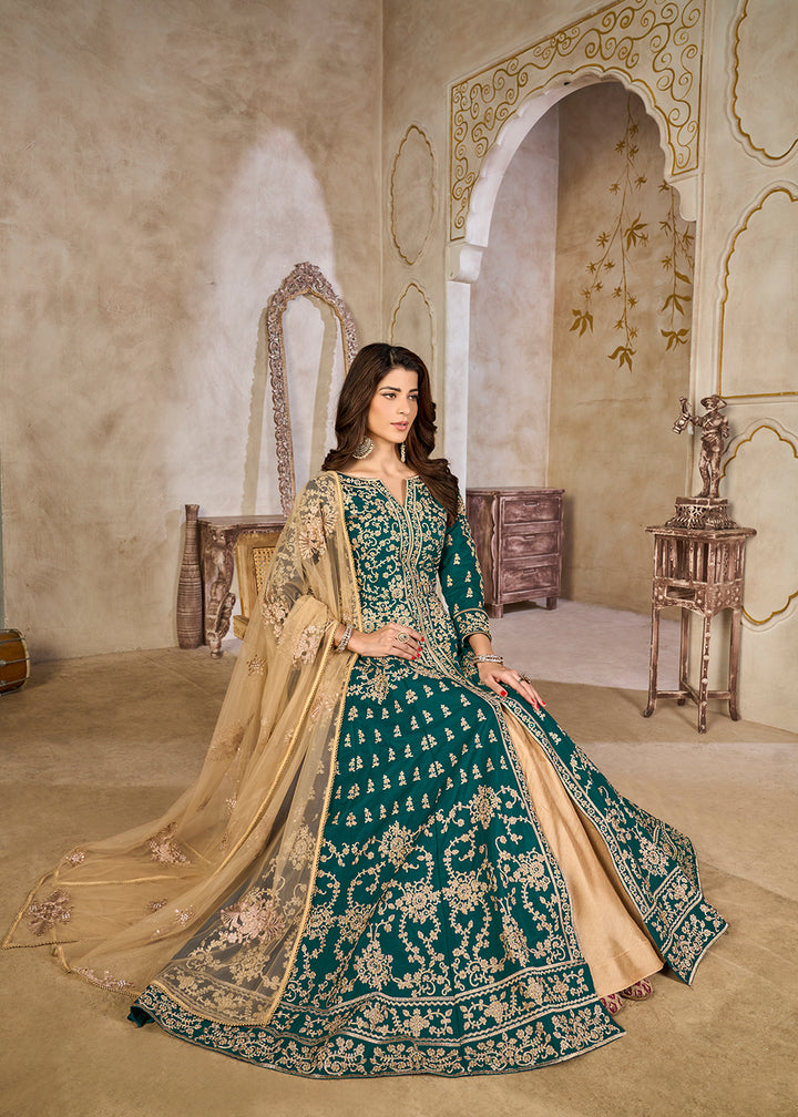 Buy Now Green Art Silk Lehenga Slit Style Festive Anarkali Suit Online in UK, Germany, France, Italy, Canada, Australia, UAE, Maldives & Worldwide at Empress.