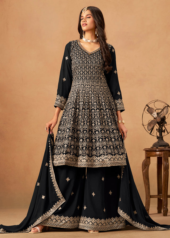 Buy Now Black Front & Back Embroidered Palazzo Style Suit Online in US, UK, Canada, Germany, Italy, France, Austria, Australia, Denmark & Worldwide at Empress.