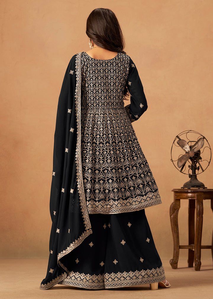 Buy Now Black Front & Back Embroidered Palazzo Style Suit Online in US, UK, Canada, Germany, Italy, France, Austria, Australia, Denmark & Worldwide at Empress.