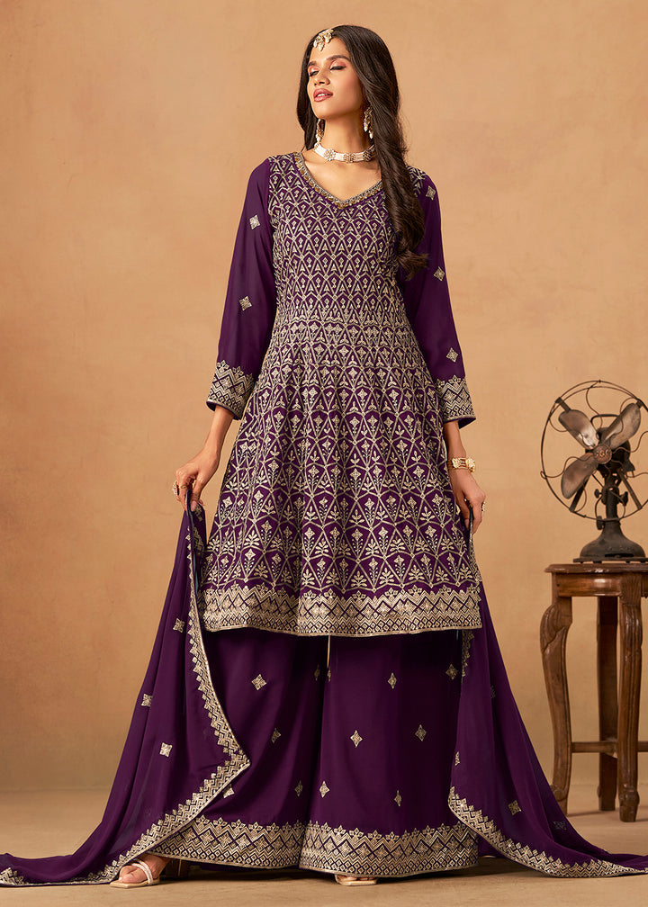 Buy Now Purple Front & Back Embroidered Palazzo Style Suit Online in US, UK, Canada, Germany, Italy, France, Austria, Australia, Denmark & Worldwide at Empress.