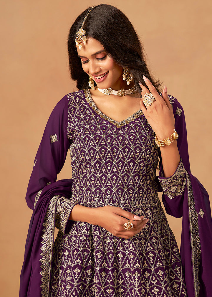 Buy Now Purple Front & Back Embroidered Palazzo Style Suit Online in US, UK, Canada, Germany, Italy, France, Austria, Australia, Denmark & Worldwide at Empress.