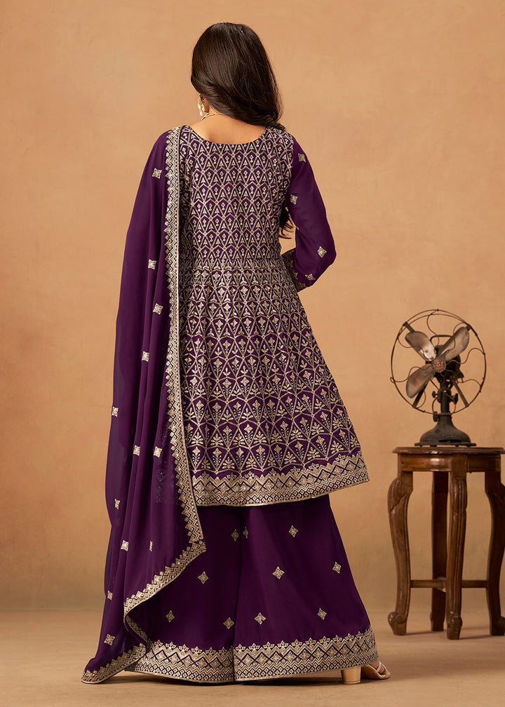 Buy Now Purple Front & Back Embroidered Palazzo Style Suit Online in US, UK, Canada, Germany, Italy, France, Austria, Australia, Denmark & Worldwide at Empress.