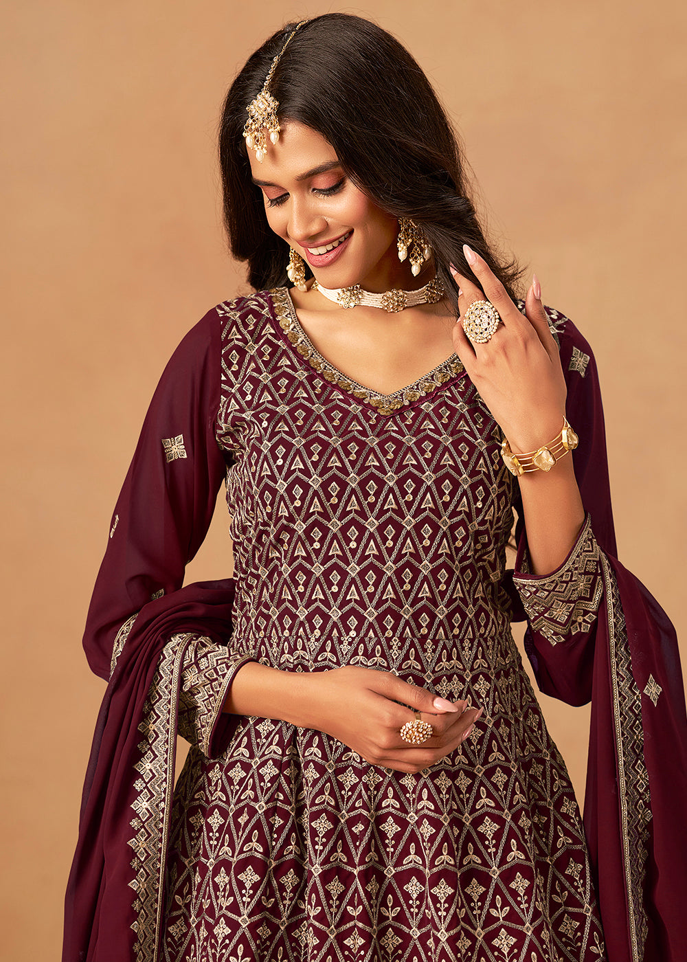 Buy Now Maroon Front & Back Embroidered Palazzo Style Suit Online in US, UK, Canada, Germany, Italy, France, Austria, Australia, Denmark & Worldwide at Empress.