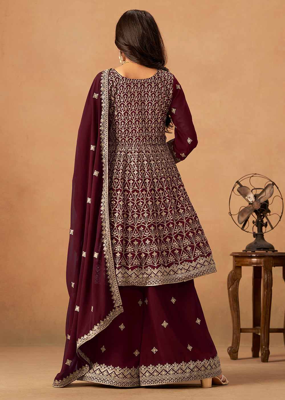 Buy Now Maroon Front & Back Embroidered Palazzo Style Suit Online in US, UK, Canada, Germany, Italy, France, Austria, Australia, Denmark & Worldwide at Empress.