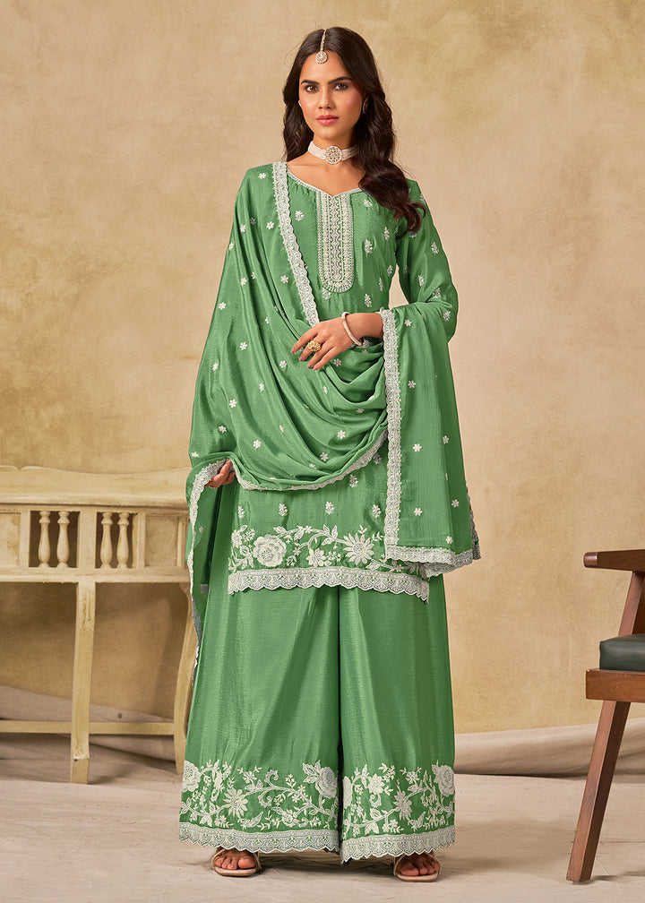Buy Now Pleasing Green Chinnon Silk Palazzo Style Suit Online in US, UK, Canada, Germany, Italy, France, Austria, Netherlands, Denmark & Worldwide at Empress.