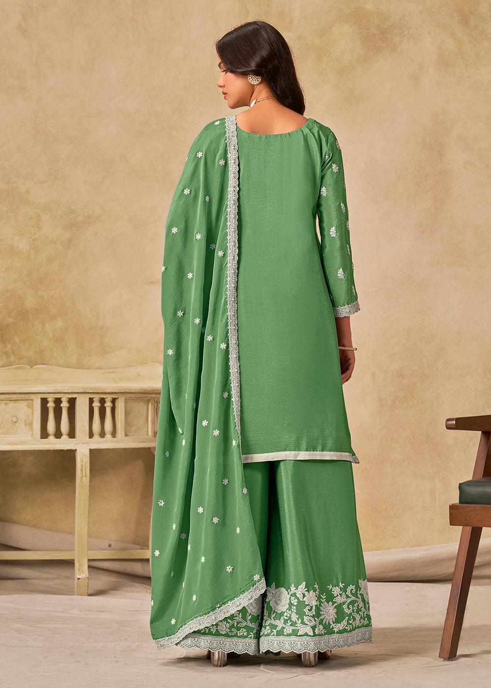 Buy Now Pleasing Green Chinnon Silk Palazzo Style Suit Online in US, UK, Canada, Germany, Italy, France, Austria, Netherlands, Denmark & Worldwide at Empress.