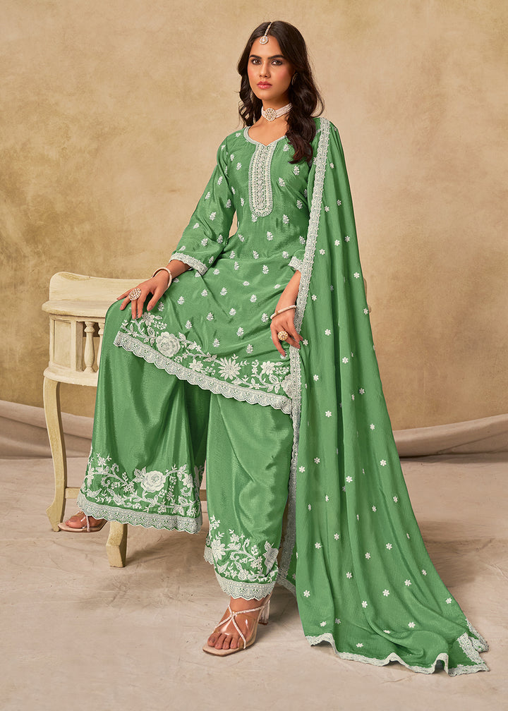 Buy Now Pleasing Green Chinnon Silk Palazzo Style Suit Online in US, UK, Canada, Germany, Italy, France, Austria, Netherlands, Denmark & Worldwide at Empress.