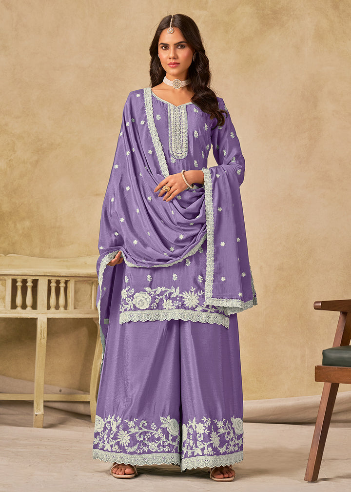 Buy Now Pleasing Lavender Chinnon Silk Palazzo Style Suit Online in US, UK, Canada, Germany, Italy, France, Austria, Netherlands, Denmark & Worldwide at Empress.