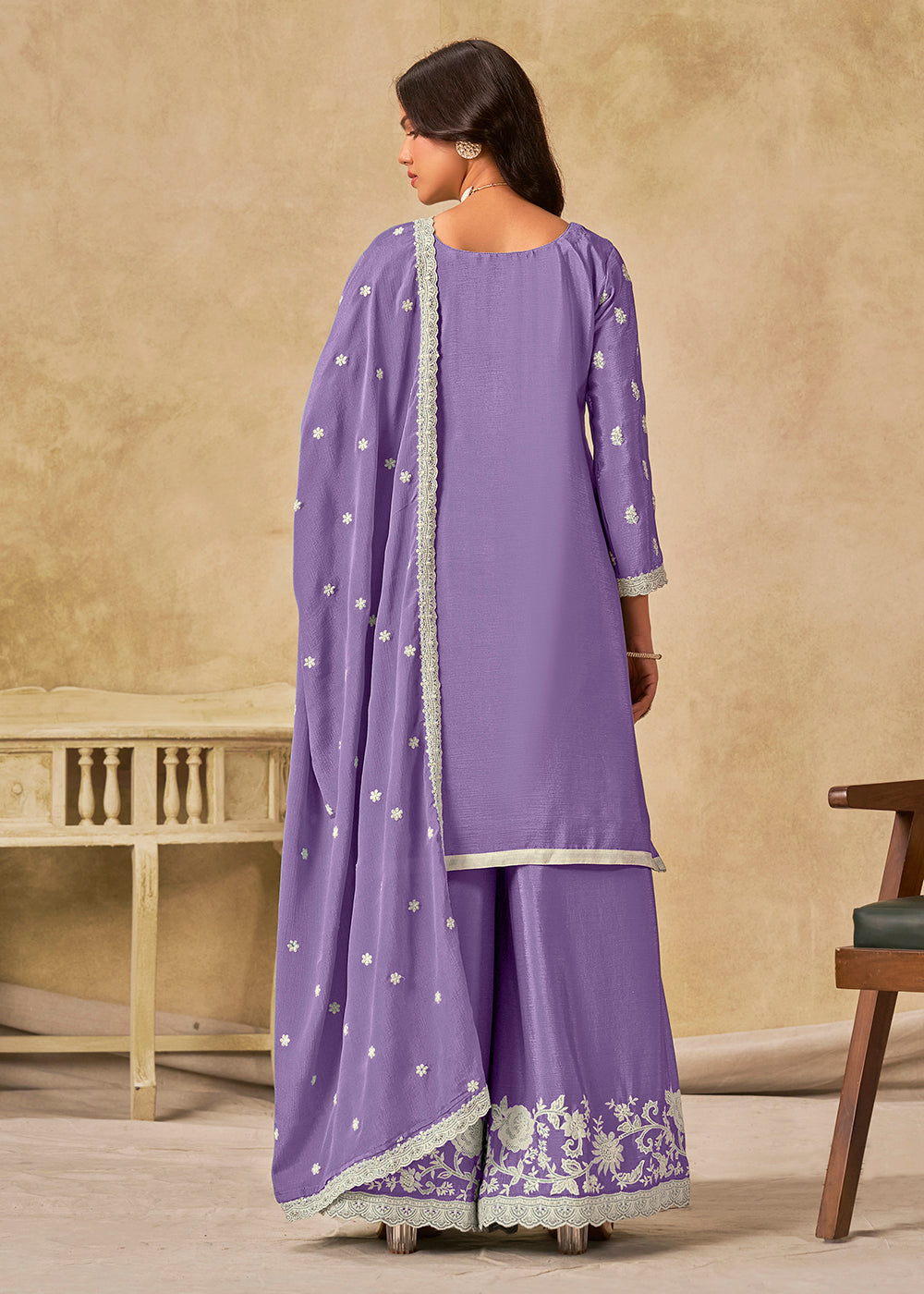 Buy Now Pleasing Lavender Chinnon Silk Palazzo Style Suit Online in US, UK, Canada, Germany, Italy, France, Austria, Netherlands, Denmark & Worldwide at Empress.