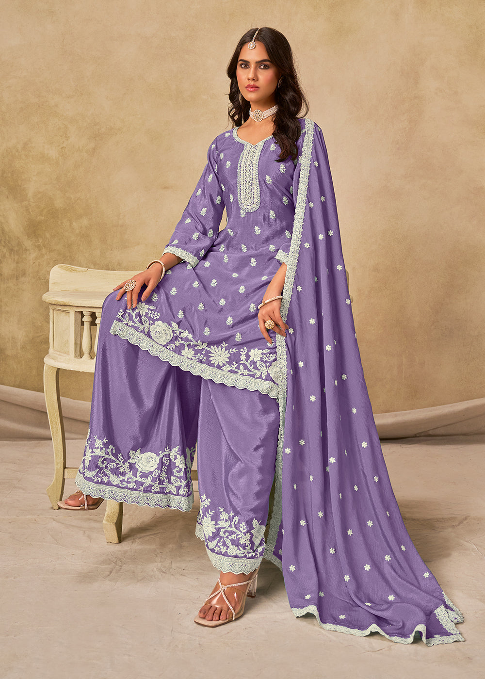 Buy Now Pleasing Lavender Chinnon Silk Palazzo Style Suit Online in US, UK, Canada, Germany, Italy, France, Austria, Netherlands, Denmark & Worldwide at Empress.