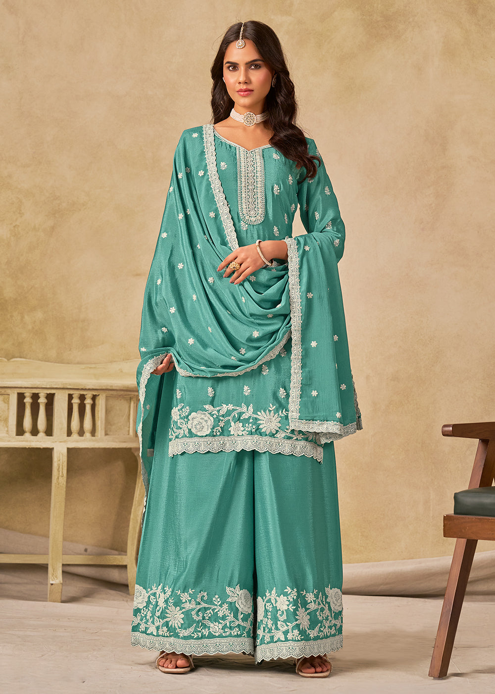 Buy Now Pleasing Aqua Chinnon Silk Palazzo Style Suit Online in US, UK, Canada, Germany, Italy, France, Austria, Netherlands, Denmark & Worldwide at Empress