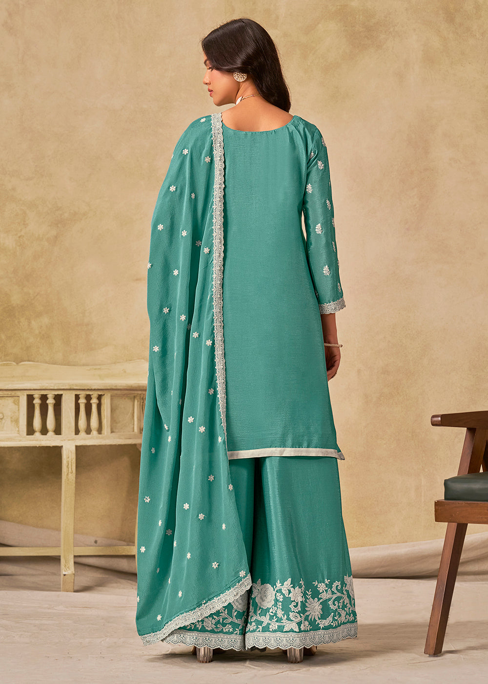 Buy Now Pleasing Aqua Chinnon Silk Palazzo Style Suit Online in US, UK, Canada, Germany, Italy, France, Austria, Netherlands, Denmark & Worldwide at Empress