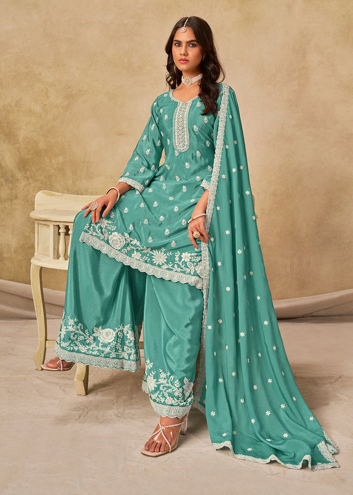 Buy Now Pleasing Aqua Chinnon Silk Palazzo Style Suit Online in US, UK, Canada, Germany, Italy, France, Austria, Netherlands, Denmark & Worldwide at Empress