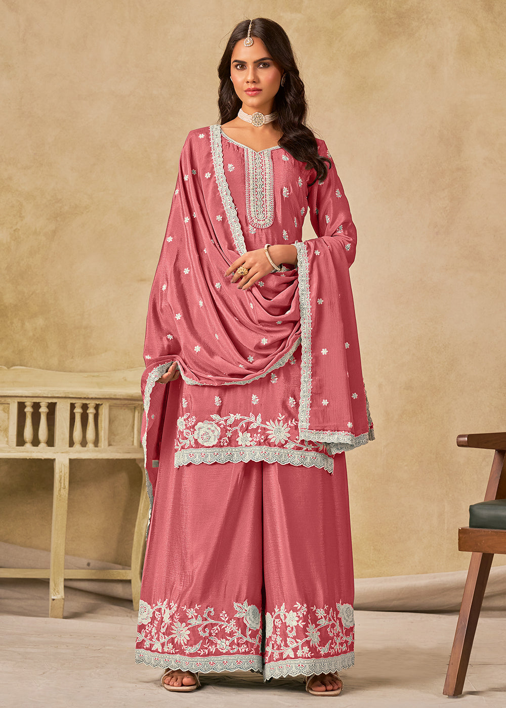 Buy Now Pleasing Pink Chinnon Silk Palazzo Style Suit Online in US, UK, Canada, Germany, Italy, France, Austria, Netherlands, Denmark & Worldwide at Empress.