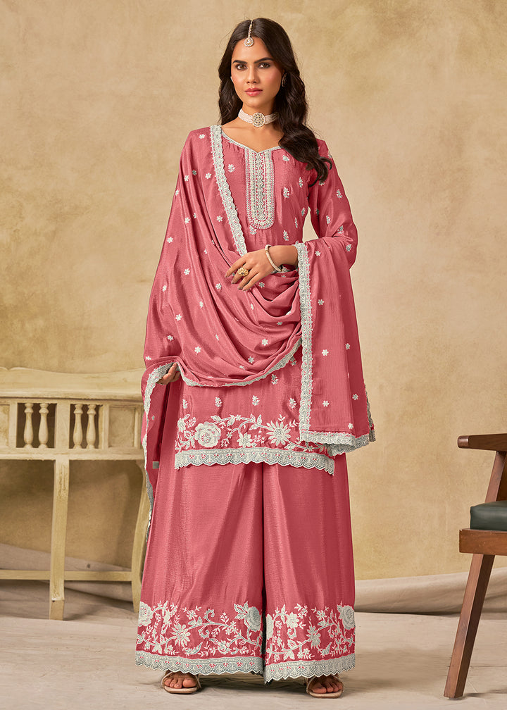 Buy Now Pleasing Pink Chinnon Silk Palazzo Style Suit Online in US, UK, Canada, Germany, Italy, France, Austria, Netherlands, Denmark & Worldwide at Empress.