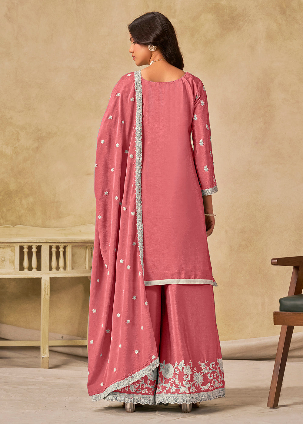 Buy Now Pleasing Pink Chinnon Silk Palazzo Style Suit Online in US, UK, Canada, Germany, Italy, France, Austria, Netherlands, Denmark & Worldwide at Empress.
