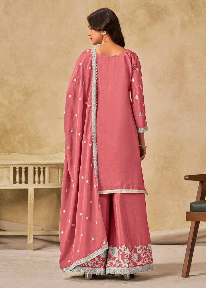 Buy Now Pleasing Pink Chinnon Silk Palazzo Style Suit Online in US, UK, Canada, Germany, Italy, France, Austria, Netherlands, Denmark & Worldwide at Empress.
