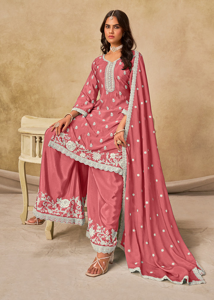 Buy Now Pleasing Pink Chinnon Silk Palazzo Style Suit Online in US, UK, Canada, Germany, Italy, France, Austria, Netherlands, Denmark & Worldwide at Empress.