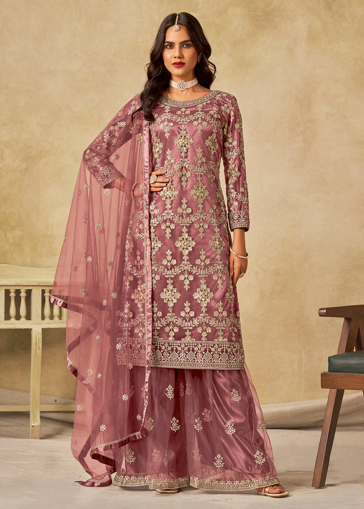 Buy Now Pink Beautifully Embroidered Net Wedding Palazzo Suit Online in Newark, Yorktown, Toronto, London, Orlando, Munich, Chicago, Utah & Worldwide at Empress.