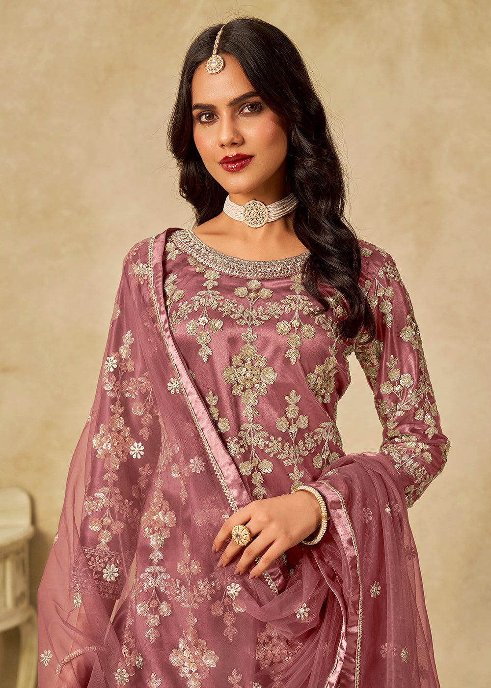 Buy Now Pink Beautifully Embroidered Net Wedding Palazzo Suit Online in Newark, Yorktown, Toronto, London, Orlando, Munich, Chicago, Utah & Worldwide at Empress.