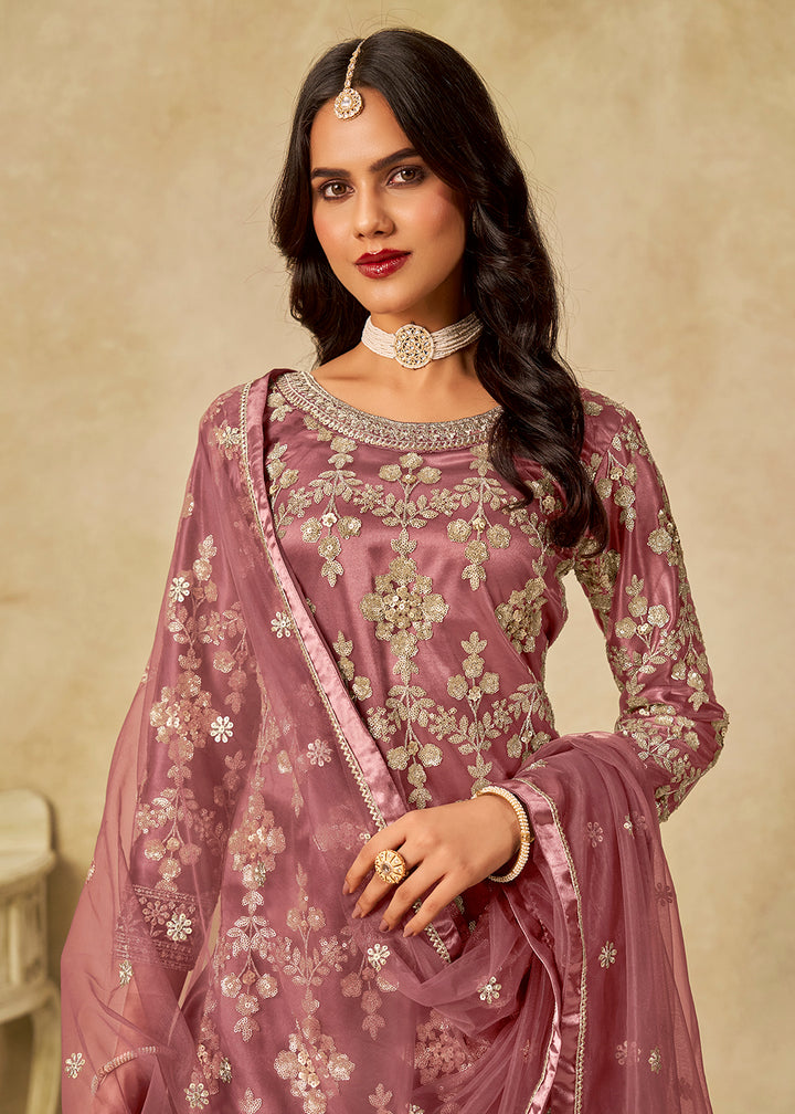 Buy Now Pink Beautifully Embroidered Net Wedding Palazzo Suit Online in Newark, Yorktown, Toronto, London, Orlando, Munich, Chicago, Utah & Worldwide at Empress.