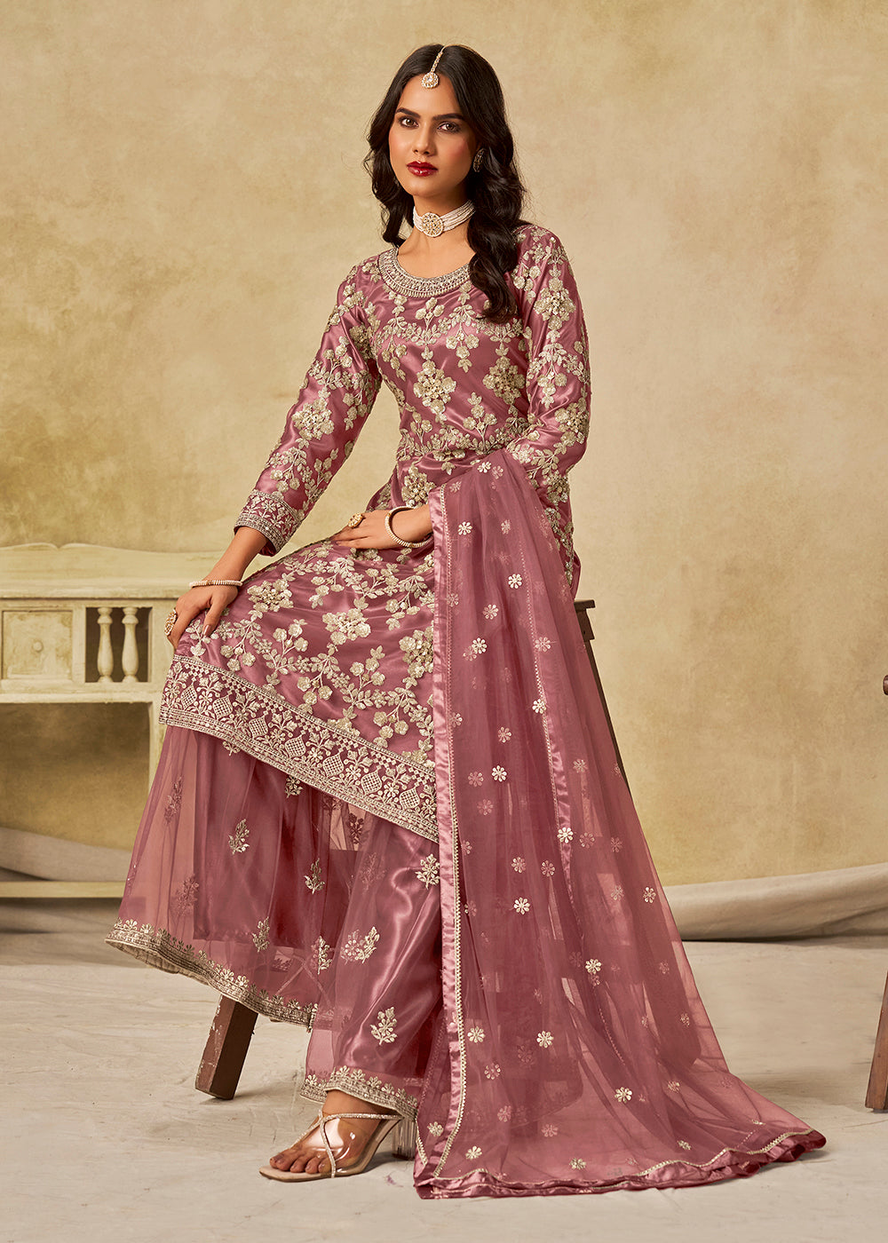 Buy Now Pink Beautifully Embroidered Net Wedding Palazzo Suit Online in Newark, Yorktown, Toronto, London, Orlando, Munich, Chicago, Utah & Worldwide at Empress.
