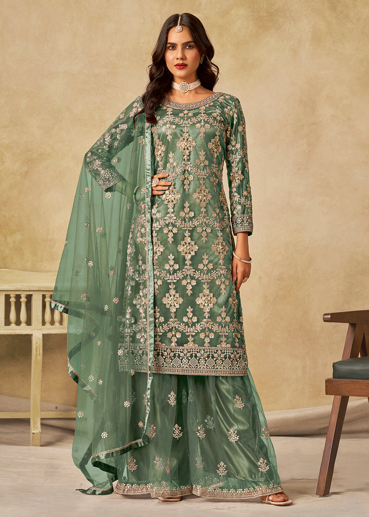 Buy Now Green Beautifully Embroidered Net Wedding Palazzo Suit Online in Newark, Yorktown, Toronto, London, Orlando, Munich, Chicago, Utah & Worldwide at Empress.