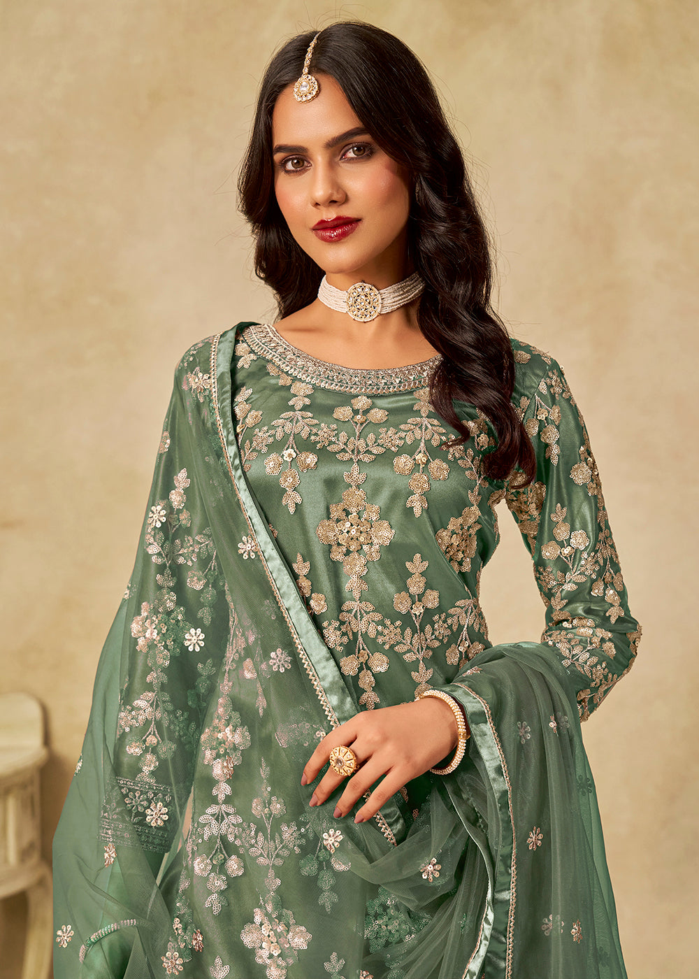 Buy Now Green Beautifully Embroidered Net Wedding Palazzo Suit Online in Newark, Yorktown, Toronto, London, Orlando, Munich, Chicago, Utah & Worldwide at Empress.