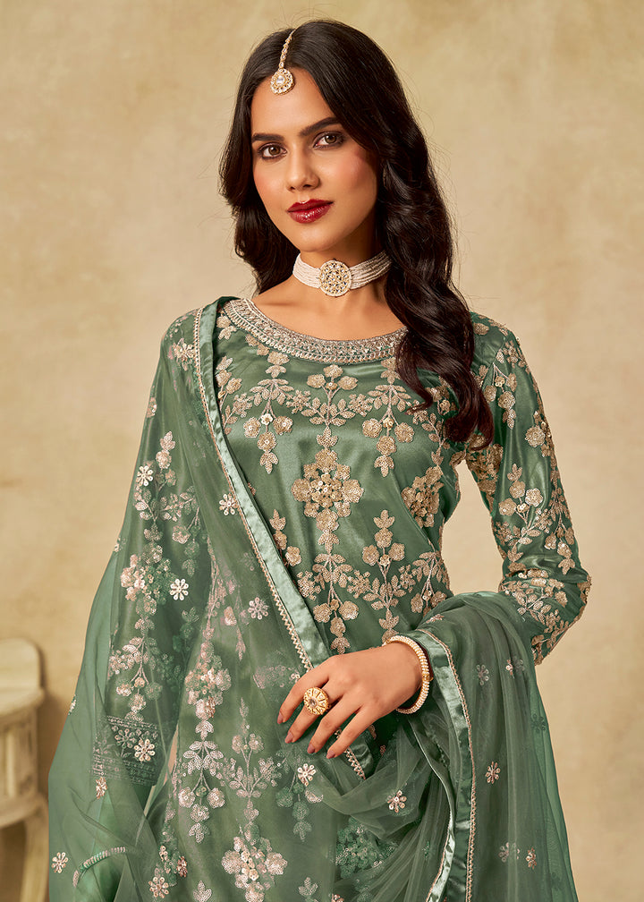Buy Now Green Beautifully Embroidered Net Wedding Palazzo Suit Online in Newark, Yorktown, Toronto, London, Orlando, Munich, Chicago, Utah & Worldwide at Empress.