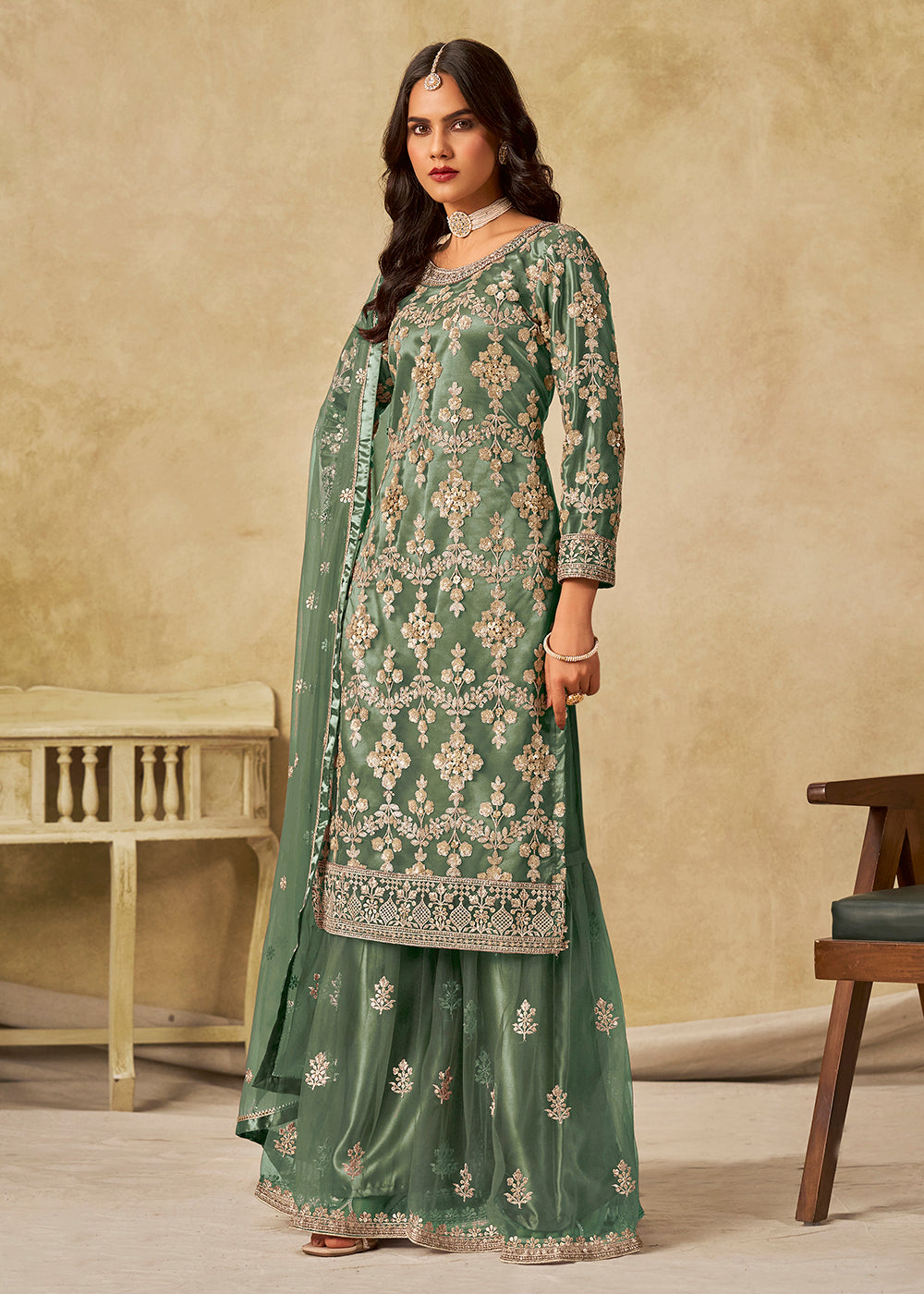 Buy Now Green Beautifully Embroidered Net Wedding Palazzo Suit Online in Newark, Yorktown, Toronto, London, Orlando, Munich, Chicago, Utah & Worldwide at Empress.