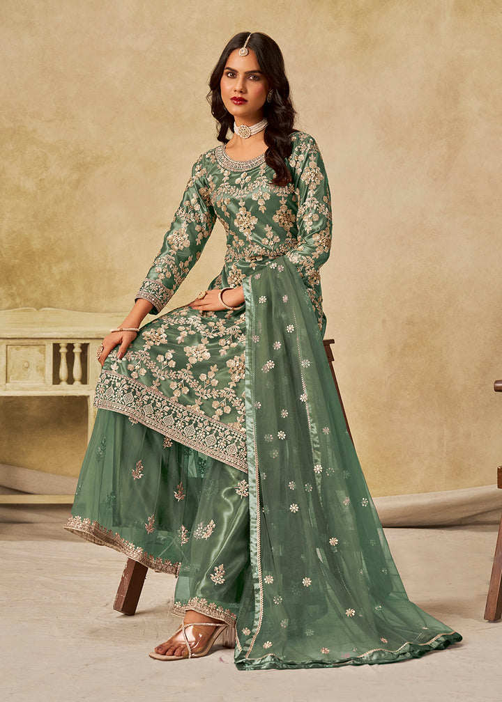 Buy Now Green Beautifully Embroidered Net Wedding Palazzo Suit Online in Newark, Yorktown, Toronto, London, Orlando, Munich, Chicago, Utah & Worldwide at Empress.