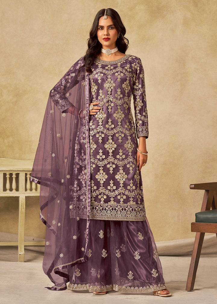 Buy Now Purple Beautifully Embroidered Net Wedding Palazzo Suit Online in Newark, Yorktown, Toronto, London, Orlando, Munich, Chicago & Worldwide at Empress.