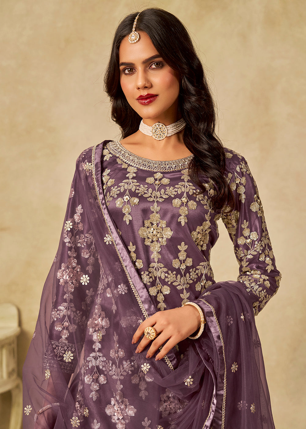 Buy Now Purple Beautifully Embroidered Net Wedding Palazzo Suit Online in Newark, Yorktown, Toronto, London, Orlando, Munich, Chicago & Worldwide at Empress.