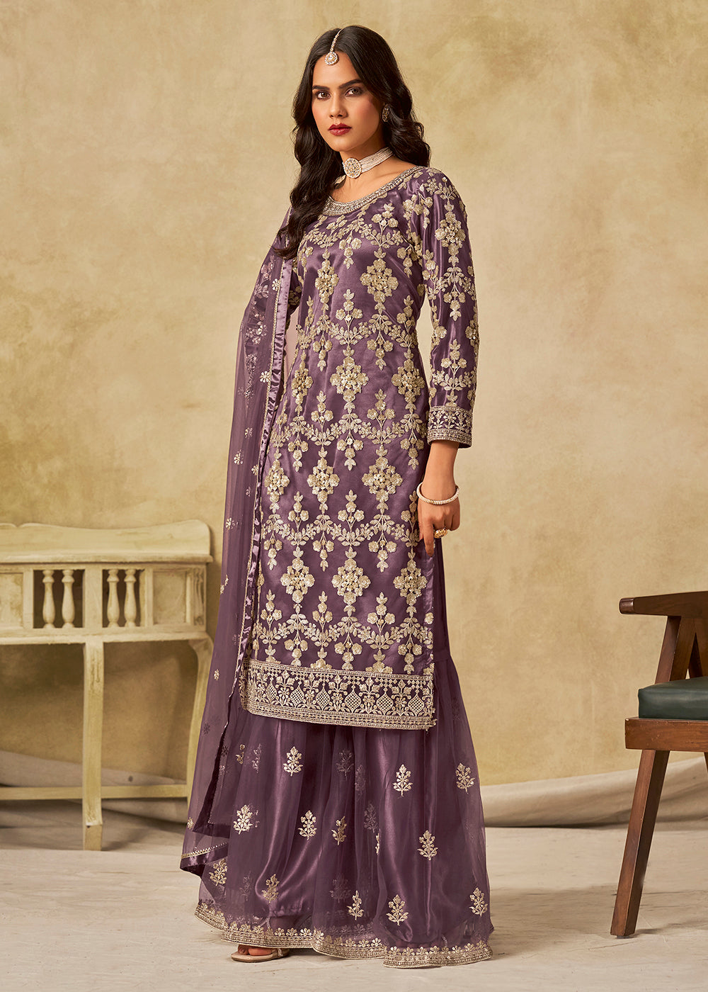 Buy Now Purple Beautifully Embroidered Net Wedding Palazzo Suit Online in Newark, Yorktown, Toronto, London, Orlando, Munich, Chicago & Worldwide at Empress.