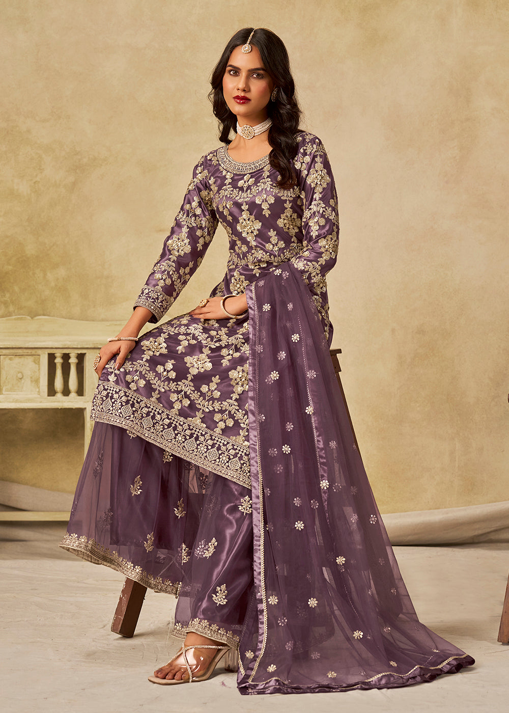 Buy Now Purple Beautifully Embroidered Net Wedding Palazzo Suit Online in Newark, Yorktown, Toronto, London, Orlando, Munich, Chicago & Worldwide at Empress.