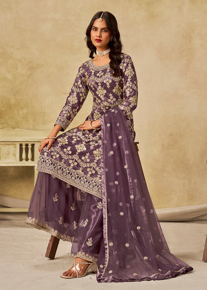 Buy Now Purple Beautifully Embroidered Net Wedding Palazzo Suit Online in Newark, Yorktown, Toronto, London, Orlando, Munich, Chicago & Worldwide at Empress.