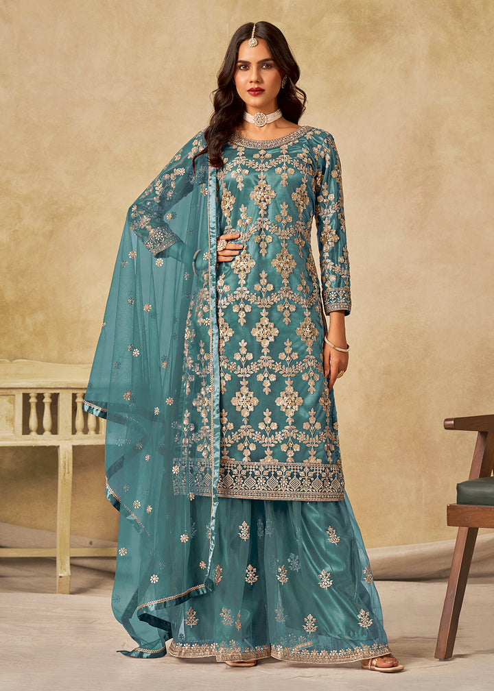 Buy Now Teal Beautifully Embroidered Net Wedding Palazzo Suit Online in Newark, Yorktown, Toronto, London, Orlando, Munich, Chicago & Worldwide at Empress.