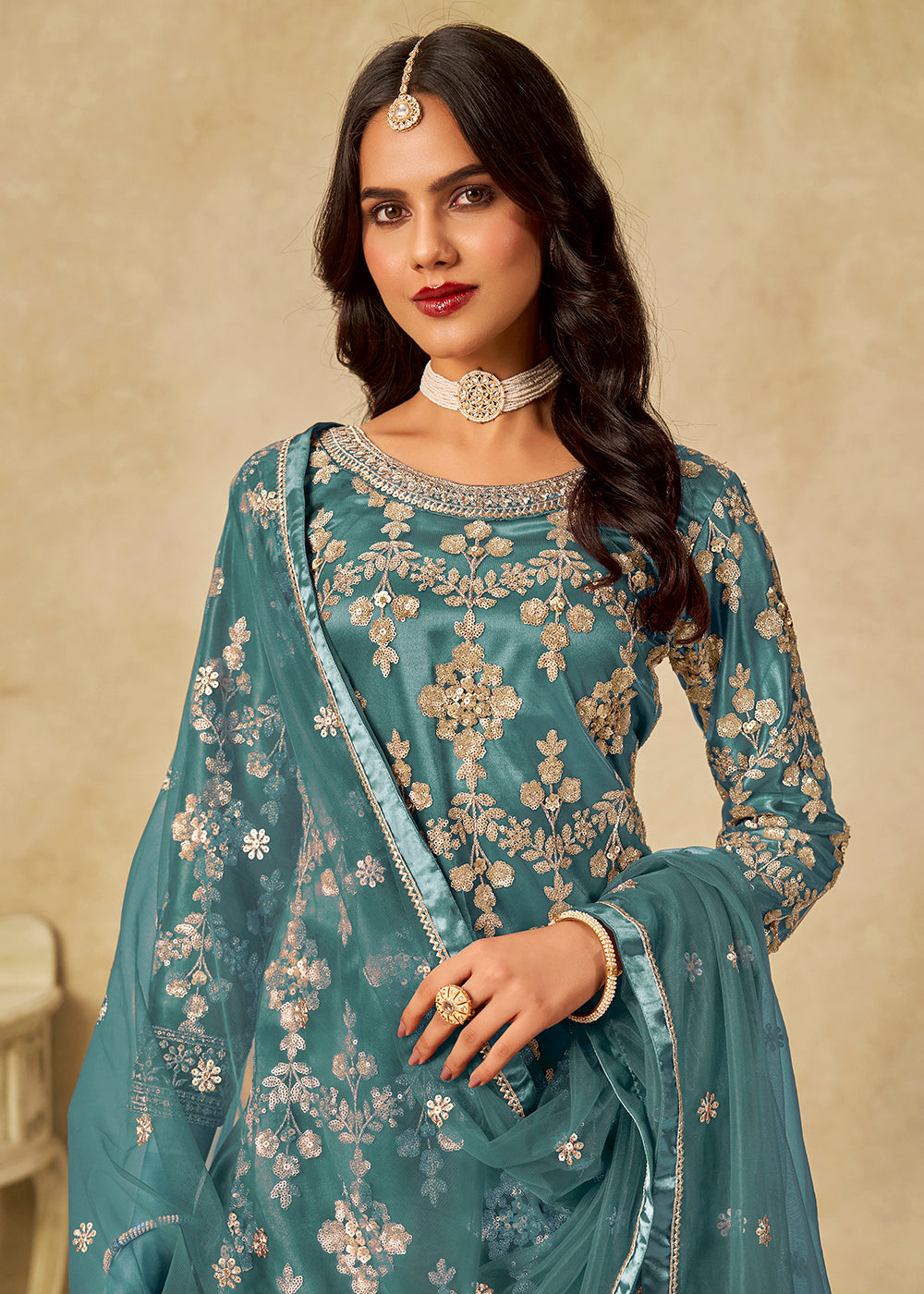 Buy Now Teal Beautifully Embroidered Net Wedding Palazzo Suit Online in Newark, Yorktown, Toronto, London, Orlando, Munich, Chicago & Worldwide at Empress.