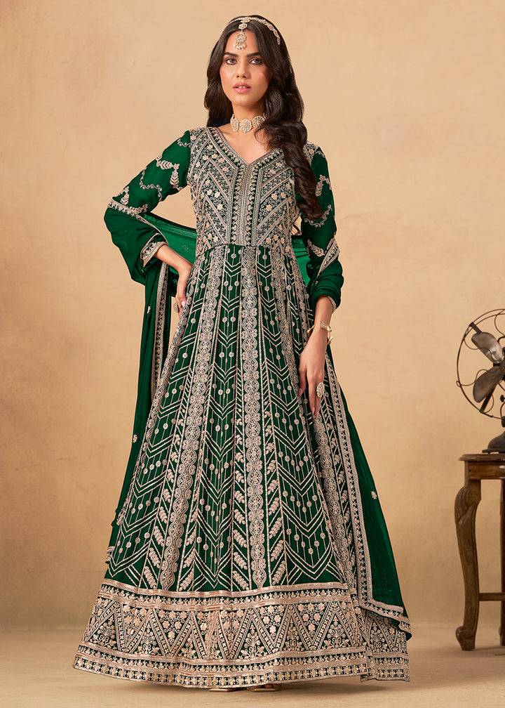 Buy Now Georgette Bottle Green Embroidered Wedding Wear Anarkali Suit Online in USA, UK, Sweden, Denmark, Greece, Germany, Canada, UAE & Worldwide at Empress.